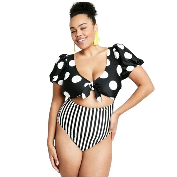 Tabitha Brown x Target Retro Polka Dot Black and White One Piece Swimsuit - Picture 3 of 5